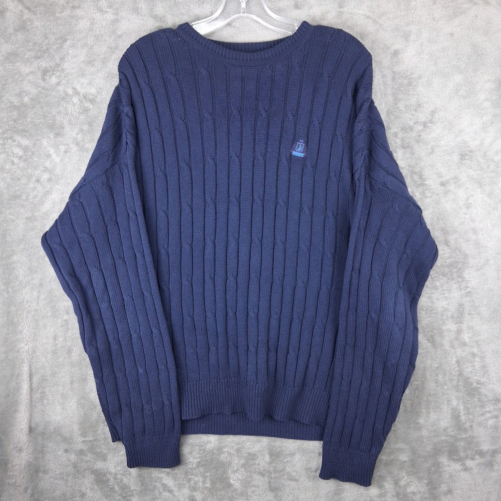 Vintage 90s Izod Cable Knit Sweater Mens Large Navy Blue Cotton Made in USA